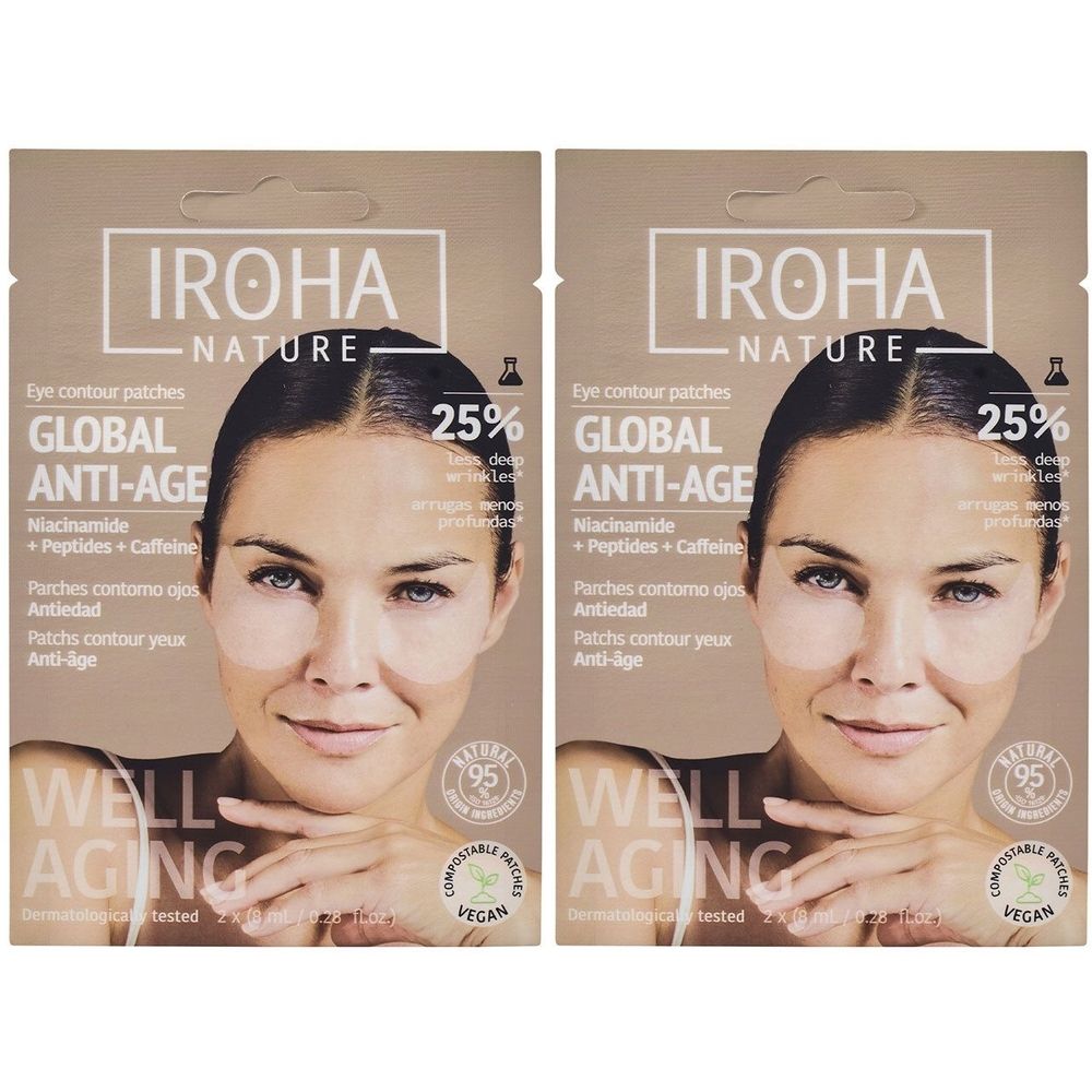 Twee verpakkingen oogpatches. Opschrift: IROHA NATURE, GLOBAL ANTI-AGE, Niacinamide, Peptiden, Cafeïne. Vegan keurmerk.