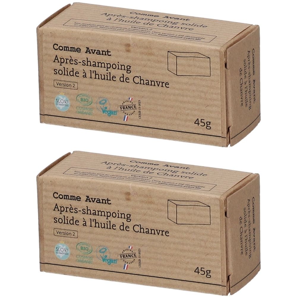 Deux boîtes de Après-shampoing solide à l'huile de Chanvre. Marque Comme Avant, Version 2, 45g. Labels bio et vegan.