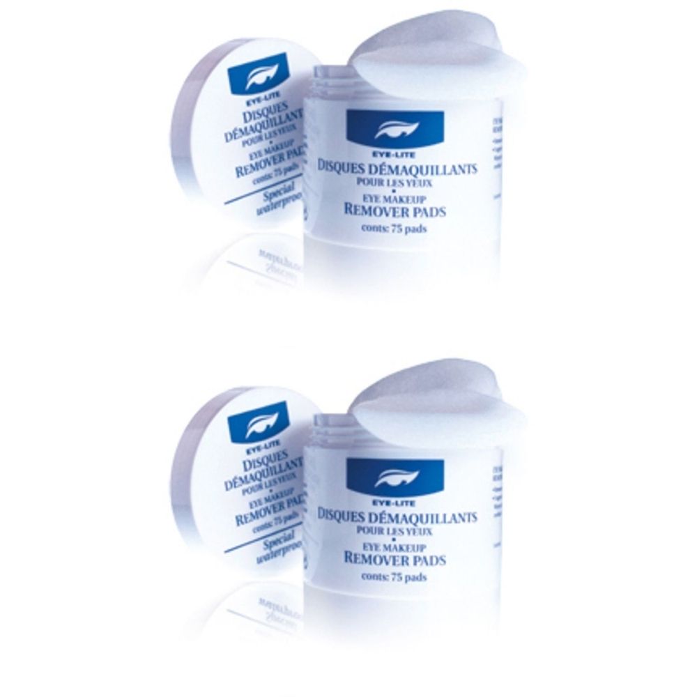 Twee witte containers met oogmake-up remover pads. Opschrift: EYE-LITE, Disques Démaquillants pour les Yeux, 75 pads.