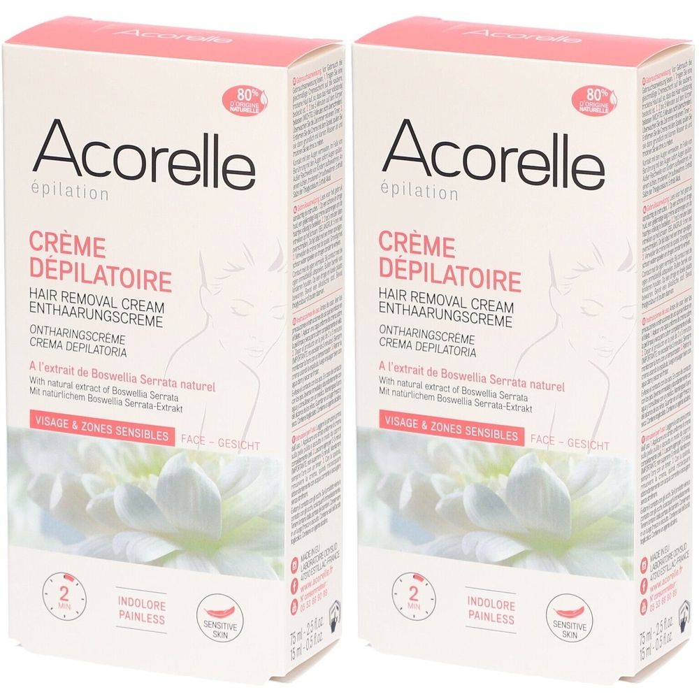 Twee dozen Acorelle Crème Dépilatoire. Tekst in het Frans, Duits, Nederlands en Italiaans. Voor gezicht en gevoelige zones.