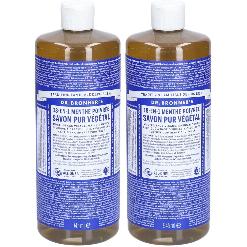 Twee flessen Dr. Bronner's 18-in-1 Pepermuntzeep. Blauwe etiketten met tekst. Witte doppen. 945 ml.