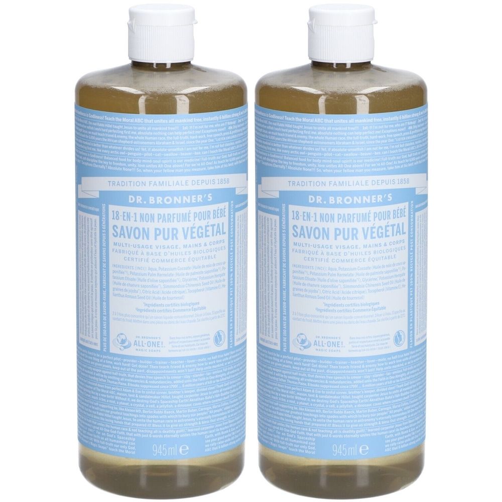 Deux bouteilles avec étiquette bleu et blanc. Inscription: DR. BRONNER'S 18-en-1 Savon Pur Végétal. Liquide transparent, bouchon blanc.
