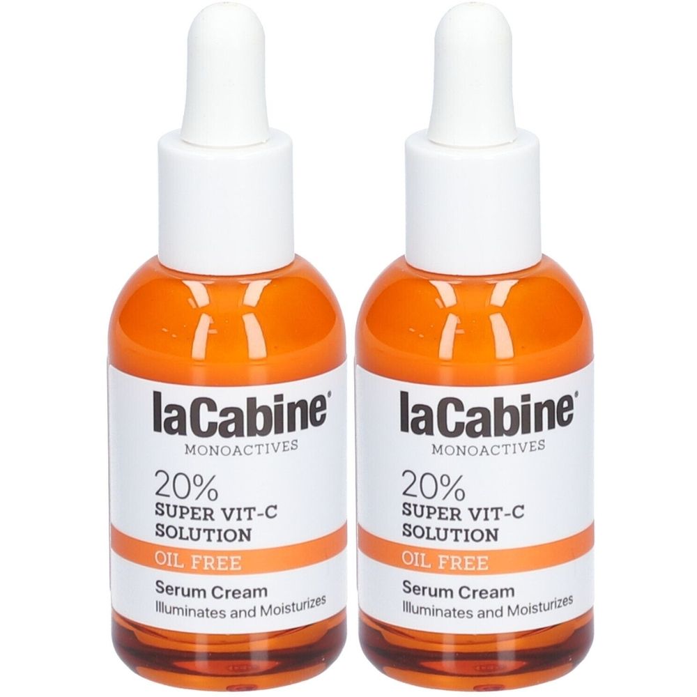Twee flessen LaCabine 20% Super Vit-C Solution. Oranje vloeistof in glazen flessen met witte dop en pipet. Opschrift: OIL FREE, Serum Cream.