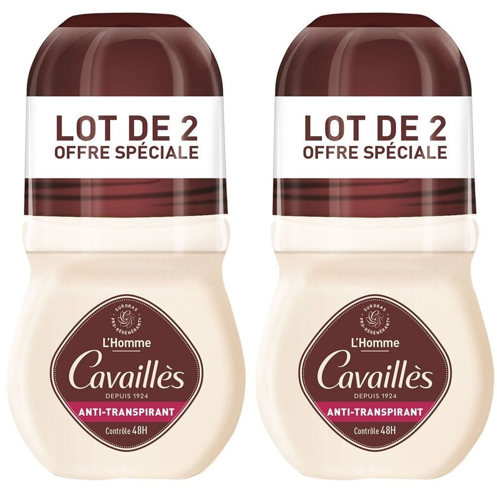 Twee roll-ons. Opschrift: LOT DE 2, OFFRE SPÉCIALE. Merk: Cavaillès L'Homme, Anti-transpirant, Contrôle 48H.