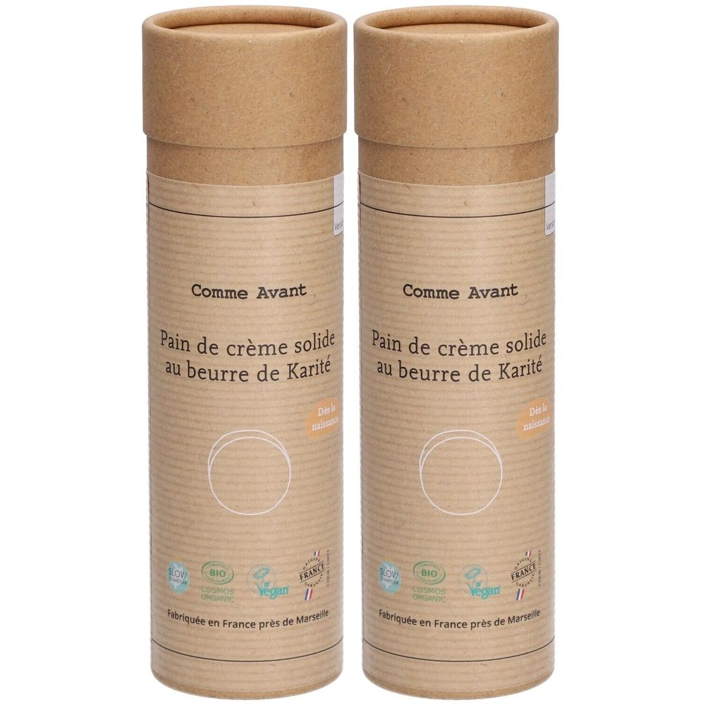 Deux tubes cylindriques en carton. Inscription: Comme Avant, Pain de crème solide au beurre de Karité. Inscriptions et logos français.