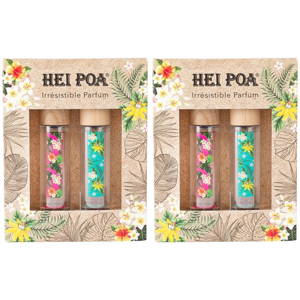Deux coffrets cadeaux d'eau de toilette. Chaque coffret contient deux flacons à bouchon en bois et motifs floraux. Inscription : HEI POA.
