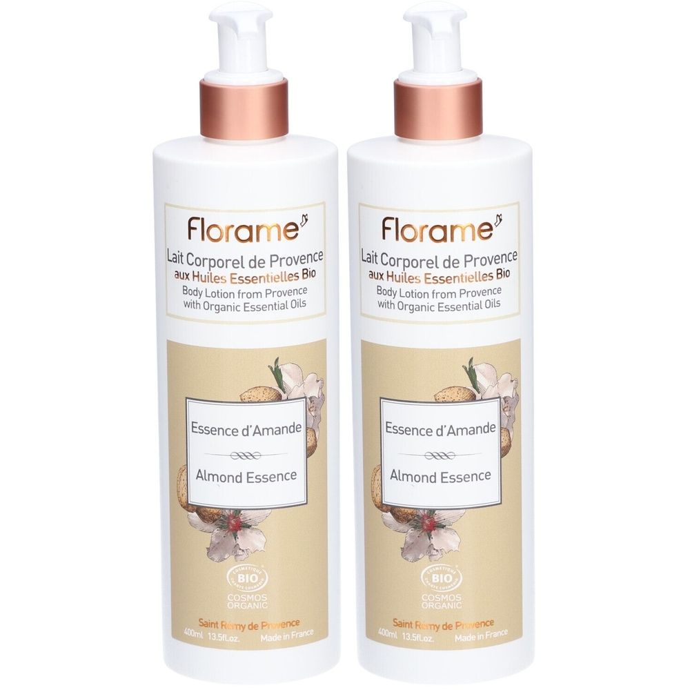 Twee witte flessen met pomp. Opschrift: Florame Lait Corporel de Provence, Essence d'Amande. Bio-certificering.