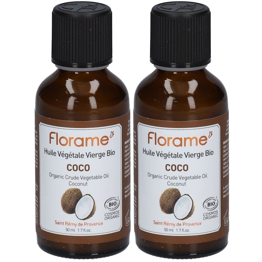 Deux flacons en verre brun avec bouchons noirs. Étiquette avec nom du produit, illustration de noix de coco et label bio.