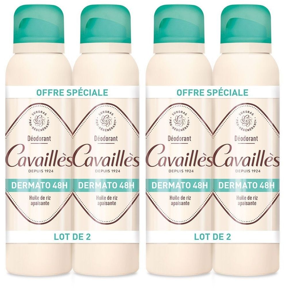 Vier sprays met turquoise doppen. Opschrift: "OFFRE SPÉCIALE", "Cavaillès Déodorant DERMATO 48H". "LOT DE 2". 