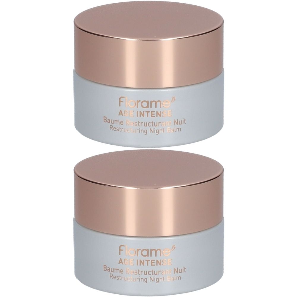 Deux pots avec couvercles or rose et contenants gris clair. Inscription : Florame AGE INTENSE Baume Restructurant Nuit.