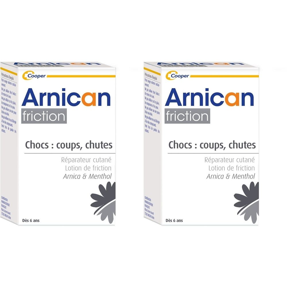 Deux boîtes blanches "Arnican friction". Texte: "Chocs: coups, chutes". Contient Arnica & Menthol. Dès 6 ans.