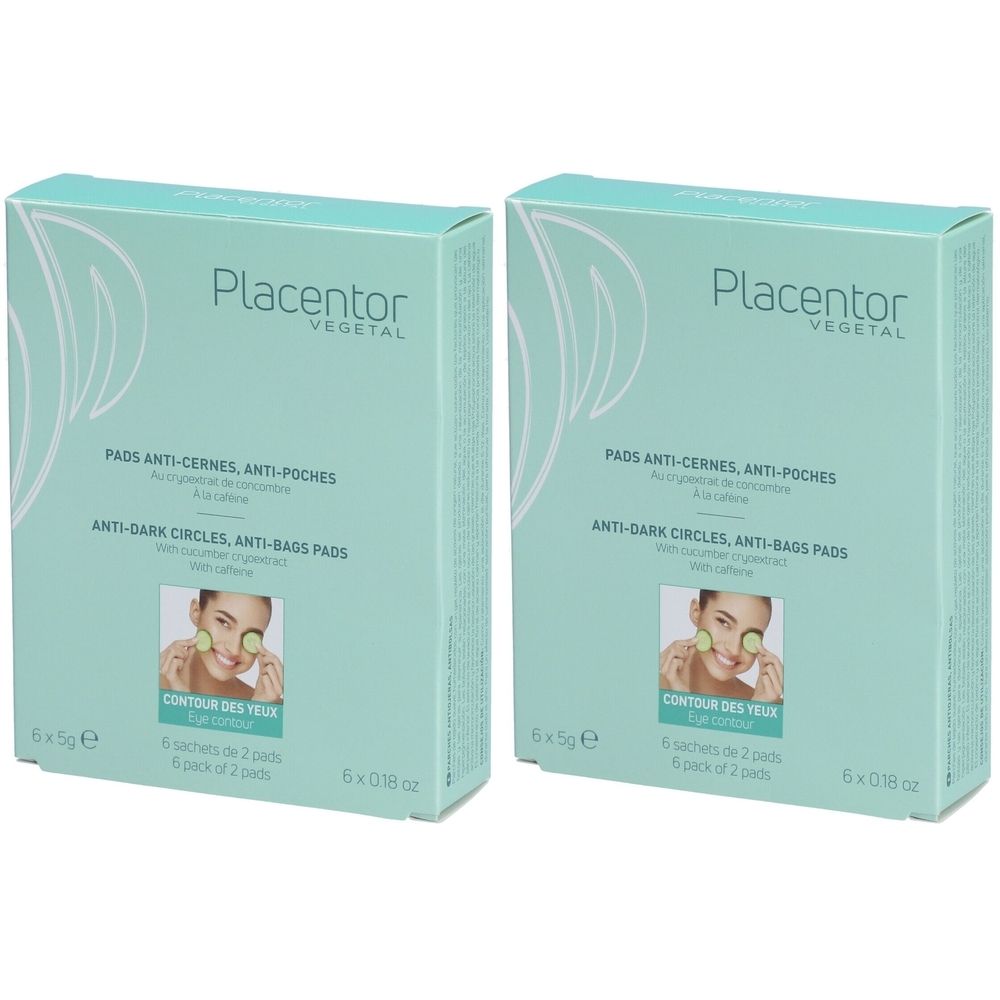 Deux boîtes de PLACENTOR Végétal Pads Anti-Cernes, Anti-poches. Emballage vert clair avec nom du produit et photo d'une femme.