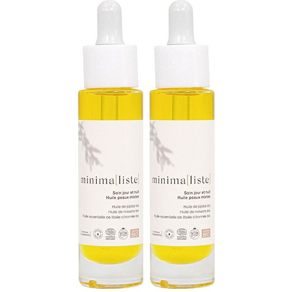 Twee flessen gele serum met witte pipetten. Labels met tekst "minima|liste" en andere vermeldingen.