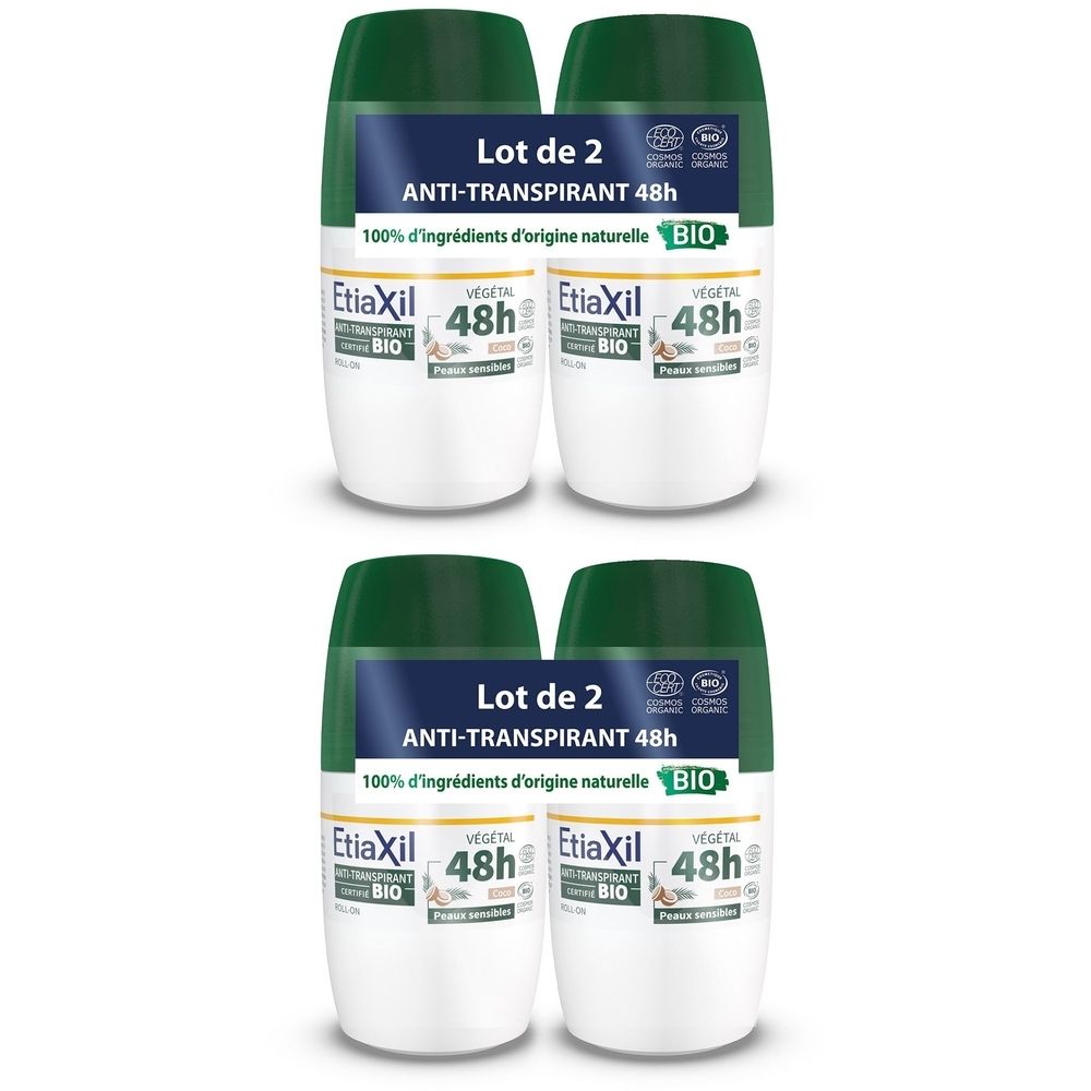 Vier roll-on deodorants. Groene doppen, witte flacons. Tekst: Anti-transpirant 48h, Bio-certificering.