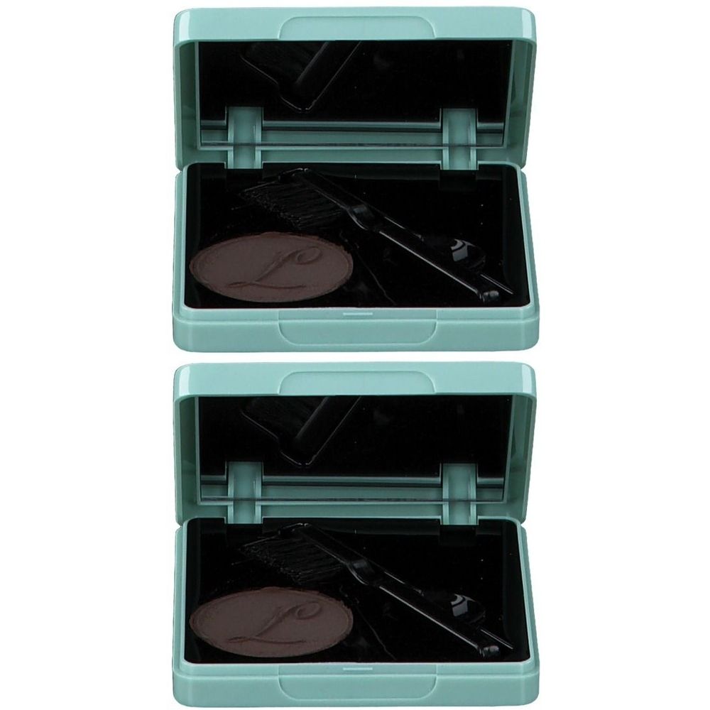 Deux boîtiers de mascara bleu clair ouverts, avec miroir, brosse et fard à cils brun avec "L".