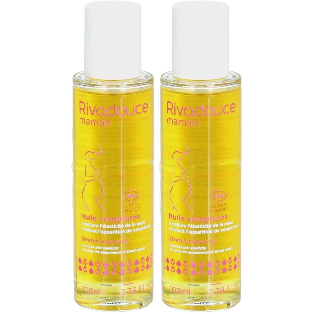 Deux flacons d'huile jaune. Inscription: Rivadouce maman, Huile vergetures. Bouchons blancs, étiquette rose avec silhouette femme enceinte.