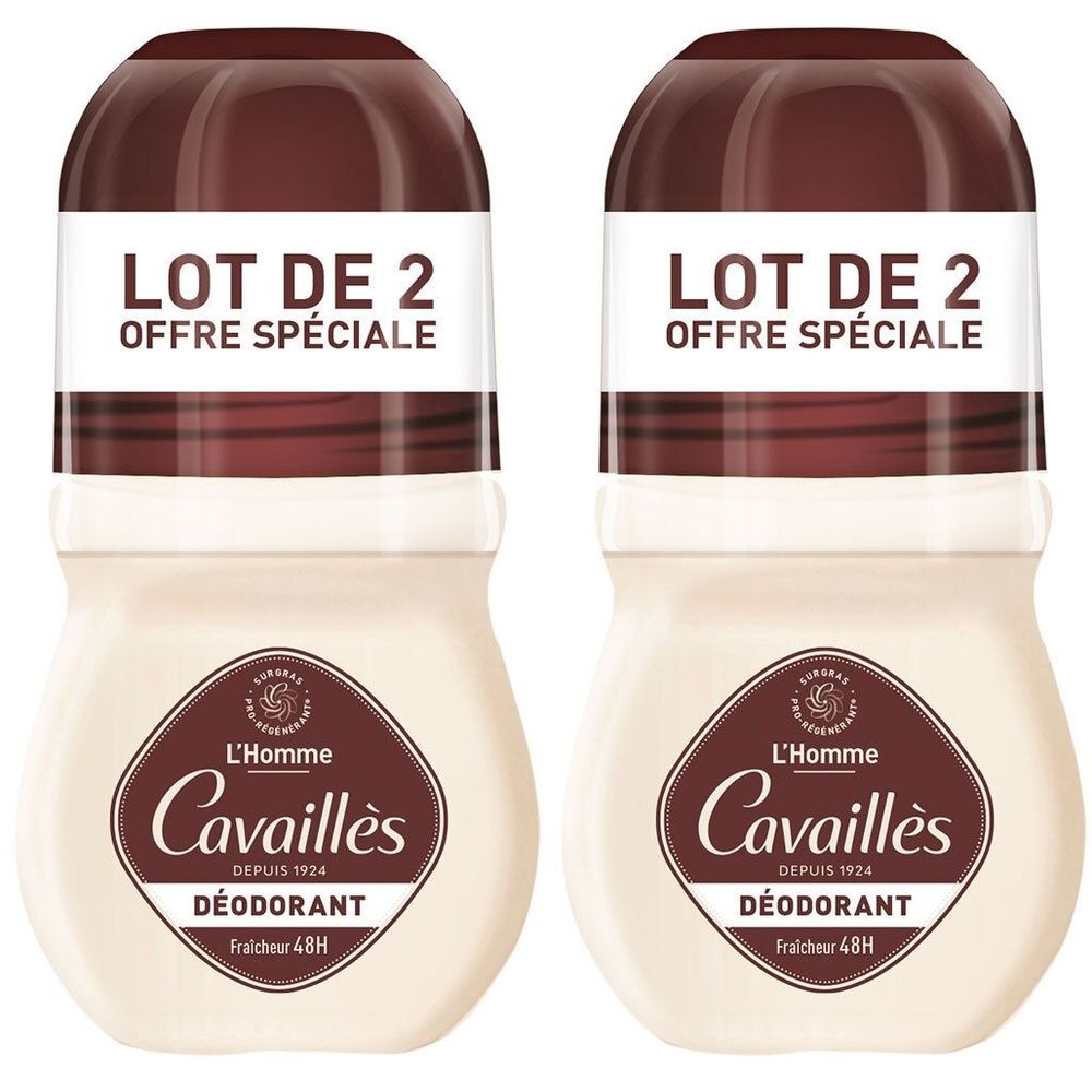Twee roll-on deodorants. Witte fles, bruine dop. Opschriften: LOT DE 2, OFFRE SPÉCIALE, Cavaillès, Déodorant, Fraîcheur 48H.