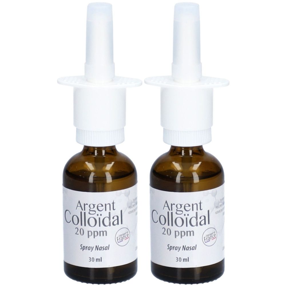 Twee flacons neusspray. Bruine glazen flacons met witte opzetstukken. Opschrift: Argent Colloïdal, 20 ppm, Spray Nasal, 30 ml.