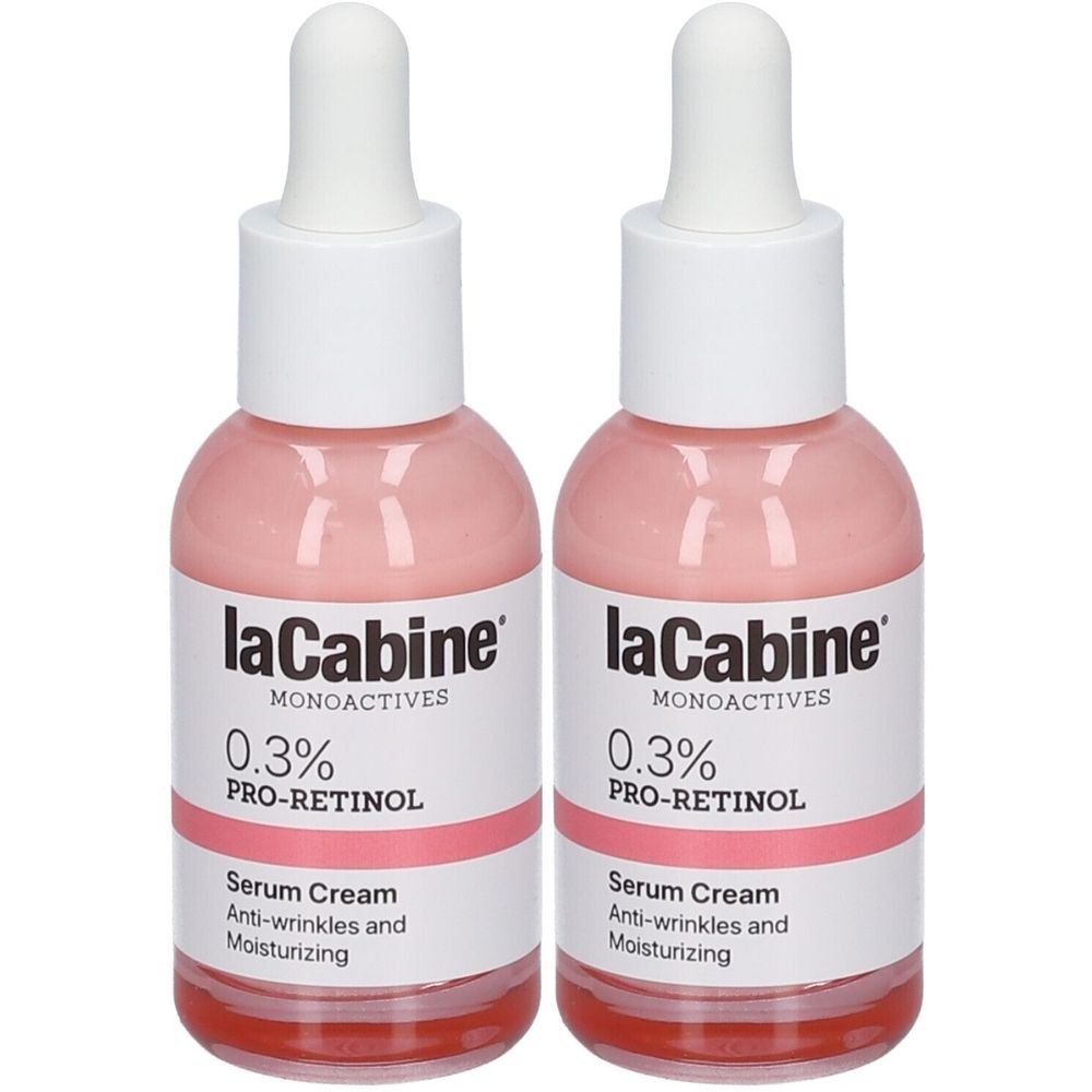 Twee flessen serumcrème met witte dop en pipet. Opschrift: laCabine, 0,3% PRO-RETINOL, anti-rimpel en hydraterend.