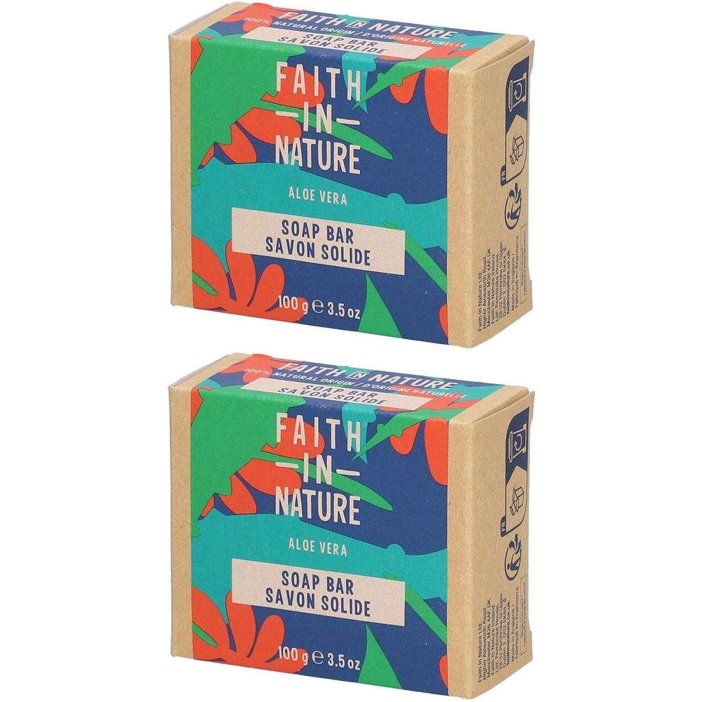 Twee rechthoekige dozen. Opschrift: FAITH IN NATURE, Aloe Vera, zeep, 100g. Versierd met groen, oranje en blauw.