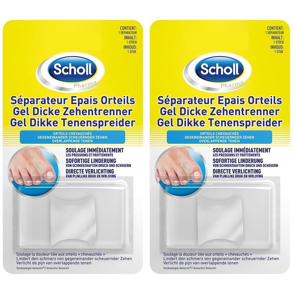 Deux emballages avec le logo Scholl. Séparateurs d'orteils en gel dans des blisters transparents. Texte: Séparateur Epais Orteils.