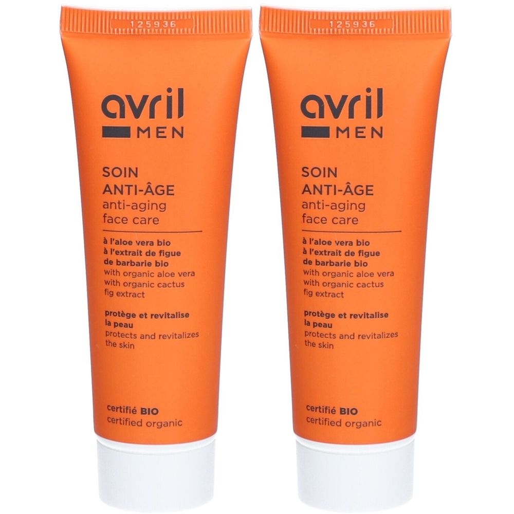 Twee oranje crèmetubes. Opschrift: Avril MEN, SOIN ANTI-ÂGE, gecertificeerd BIO.