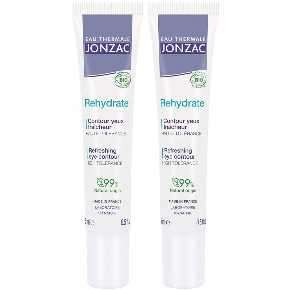 Twee tubes oogcrème. Opschrift: Eau Thermale Jonzac, Rehydrate, 99% natuurlijke oorsprong. Bio-keurmerk.