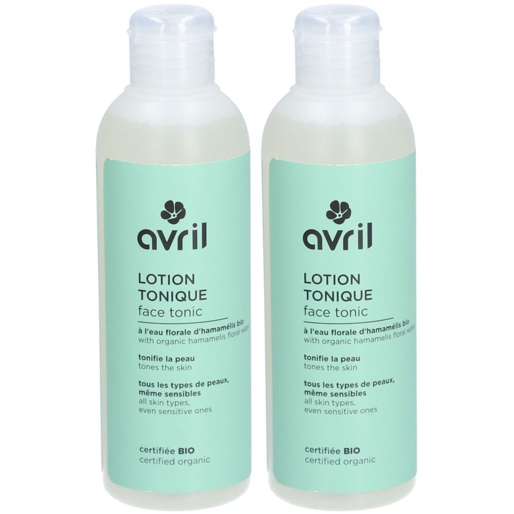 Twee flessen Lotion Tonique. Opschrift: avril, LOTION TONIQUE face tonic. Gecertificeerd BIO.