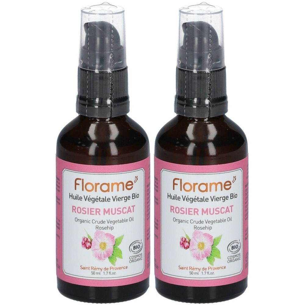 Twee bruine glazen flessen met zwarte pomp. Etiket met "Florame Rosier Muscat". 