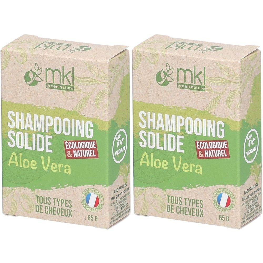 Twee rechthoekige dozen. Opschrift: SHAMPOOING SOLIDE Aloe Vera, Ecologisch & Natuurlijk, vegan logo. Franse vlag. Merk mkl.