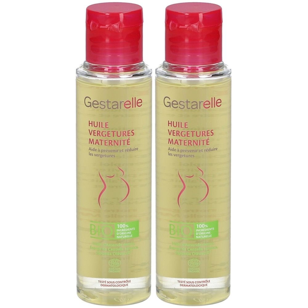 Twee flessen met rode dop. Opschrift: Gestarelle, Huile Vergetures Maternité. Bio-certificering en logo.