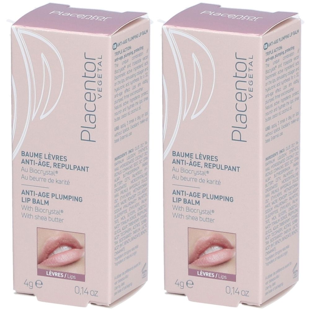 Twee rechthoekige verpakkingen lippenbalsem. Opschrift: Placentor Vegetal, Anti-Age, Repulpant, Anti-Age Plumping Lip Balm.