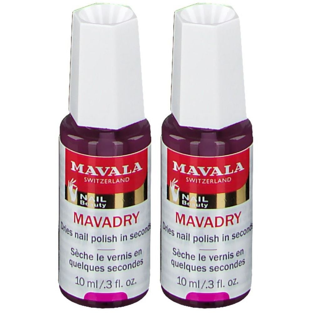 Deux flacons de vernis à ongles Mavala. Flacons avec bouchon blanc et étiquette rouge. Inscription : Mavadry, 10 ml/.3 fl. oz.
