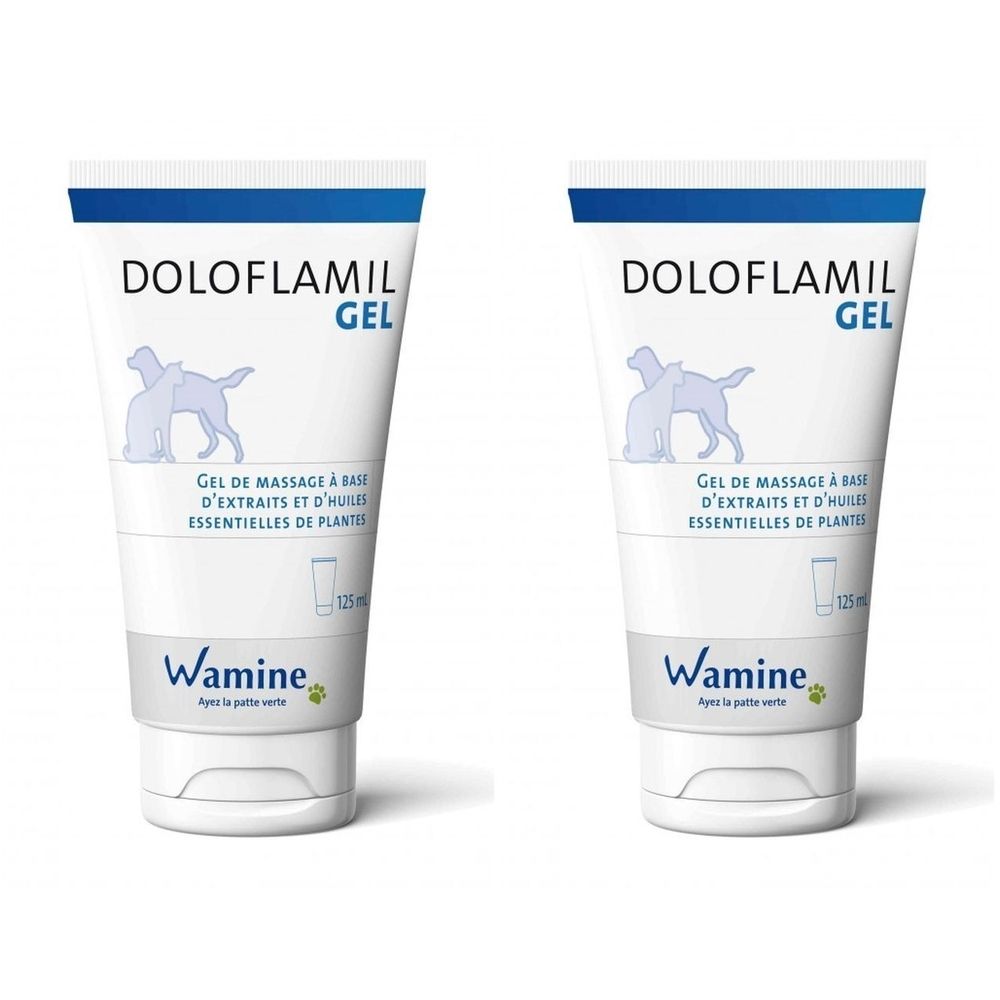 Deux tubes de gel Doloflamil. Tubes blancs avec bouchon bleu et texte. Inscription : Doloflamil Gel, Wamine, 125 ml.