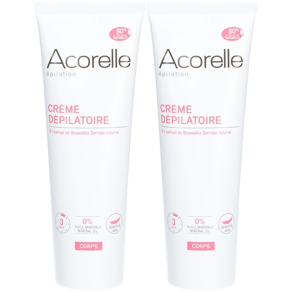 Twee tubes Crème Dépilatoire. Wit, met roze accenten. Opschrift: Acorelle, Crème Dépilatoire, Corps. 80% ingrediënten van natuurlijke oorsprong.