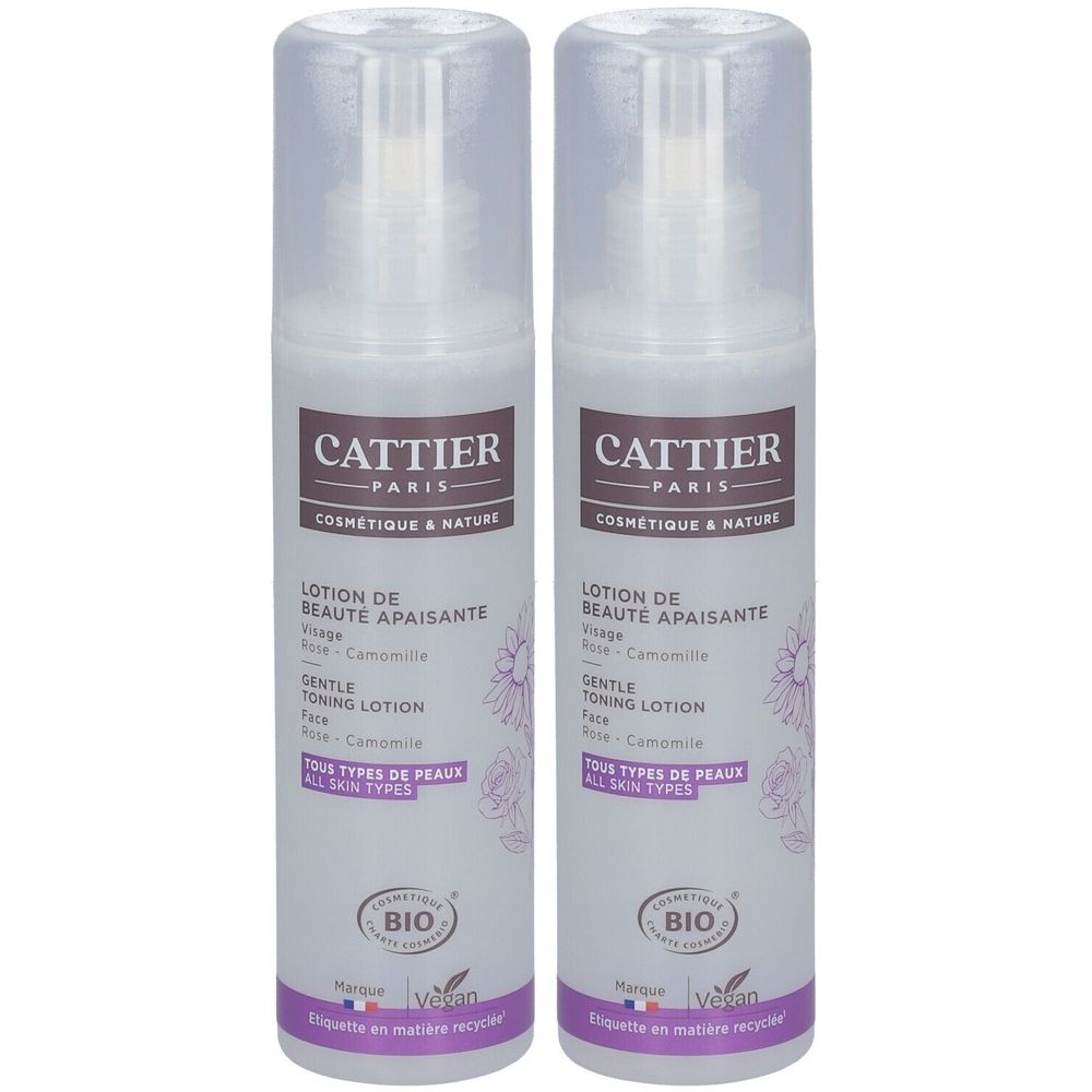 Deux flacons de lotion avec vaporisateur. Inscription: Cattier Paris, Lotion de beauté apaisante, certification Bio, Vegan.