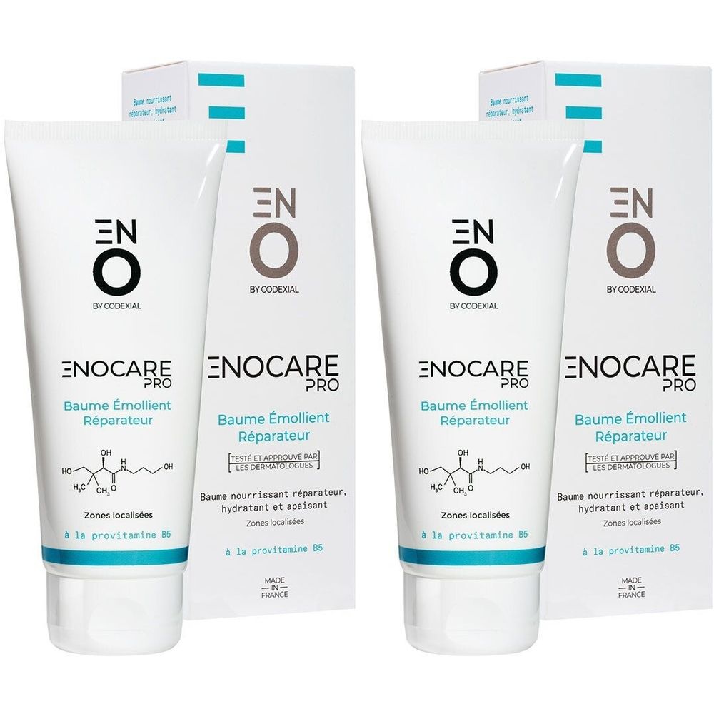 Deux tubes et deux étuis. Inscription: ENO Enocare Pro Baume Emollient Réparateur. Emballage blanc avec des accents bleus.