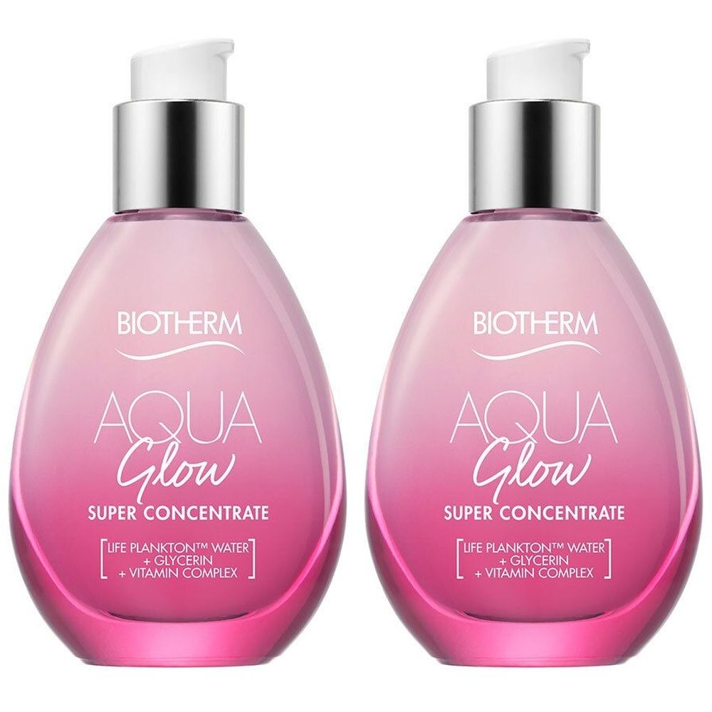 Deux flacons BIOTHERM Aqua Glow. Dégradé rose, pompe argentée, bouchon blanc. Inscription Aqua Glow.