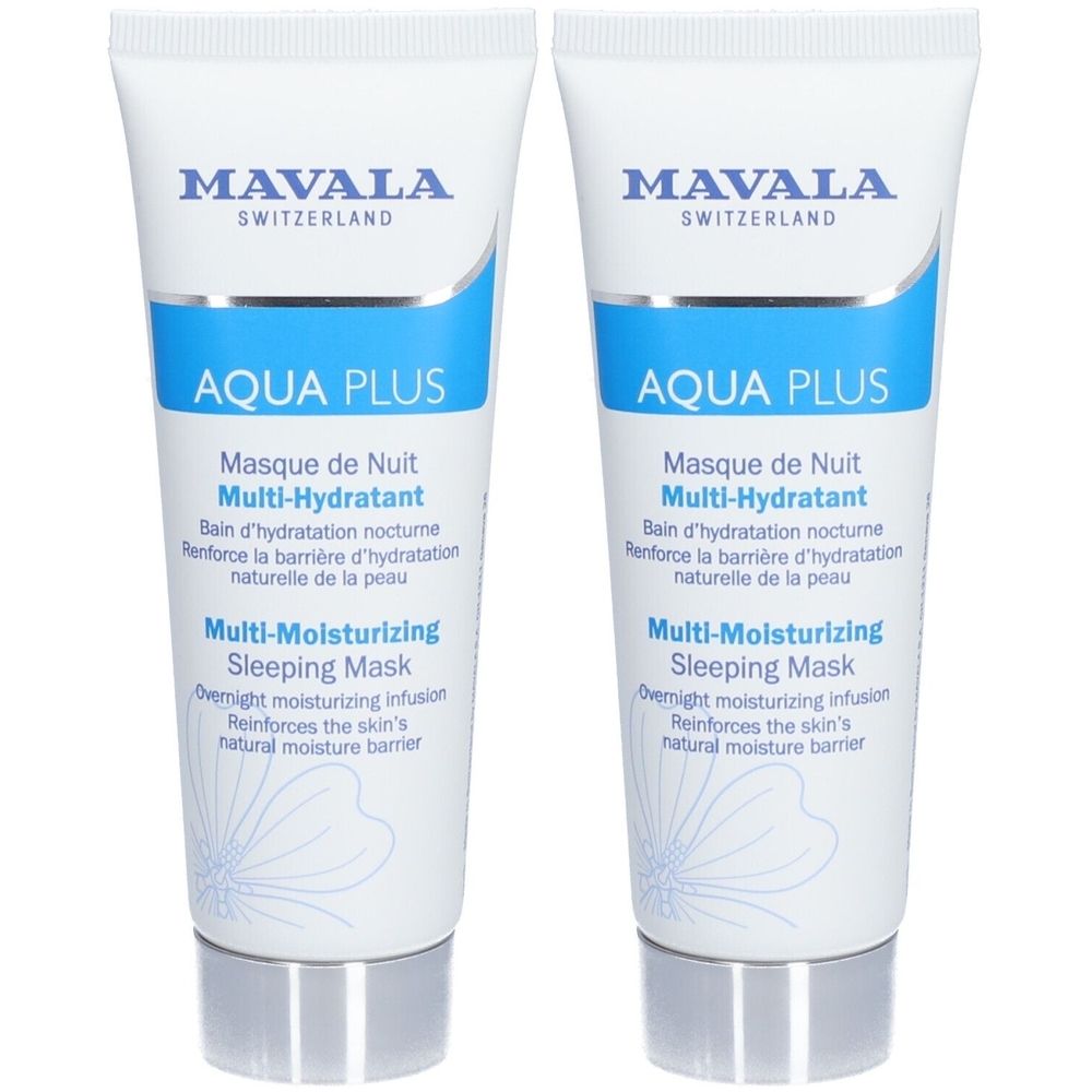 Deux tubes blancs. Inscriptions: MAVALA, AQUA PLUS, Multi-Hydratant. Design bleu et blanc.