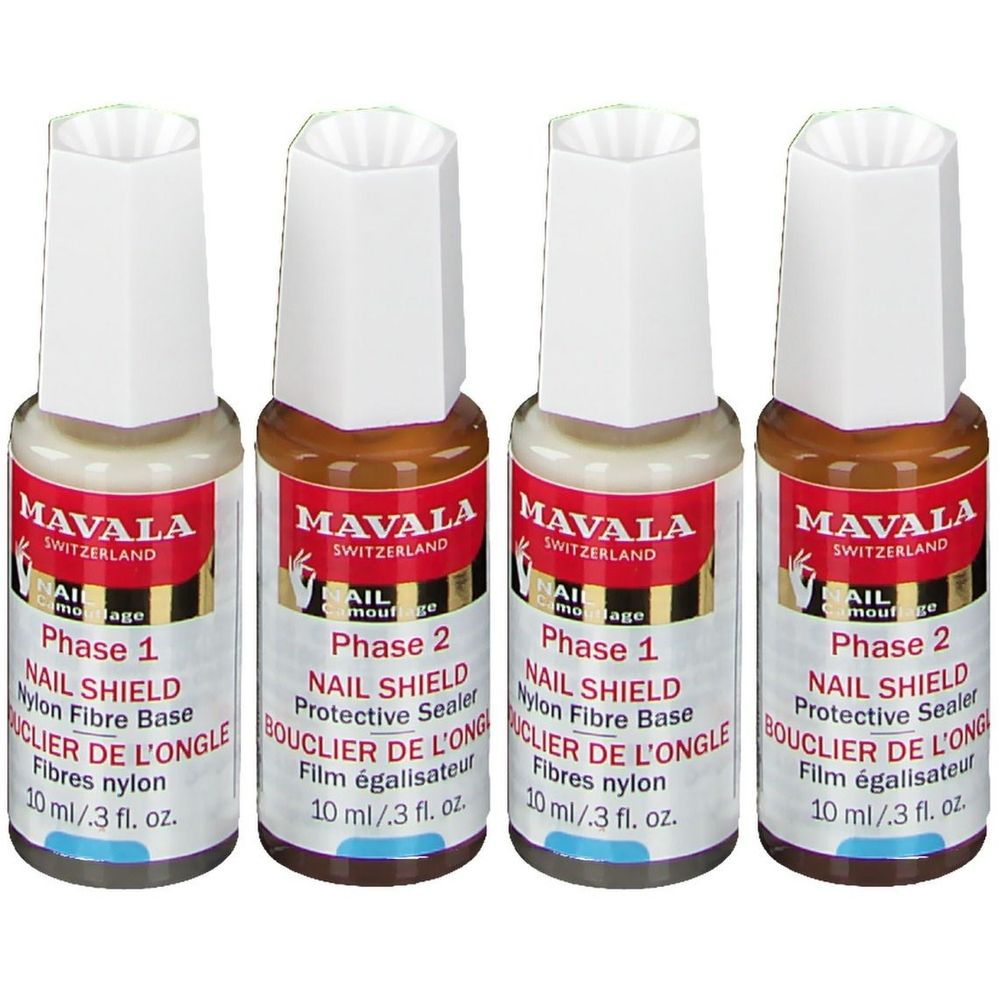 Quatre flacons Mavala Nail Shield. Bouchons blancs, liquide brun. Inscriptions : Phase 1 et 2, Bouclier de l'Ongle.