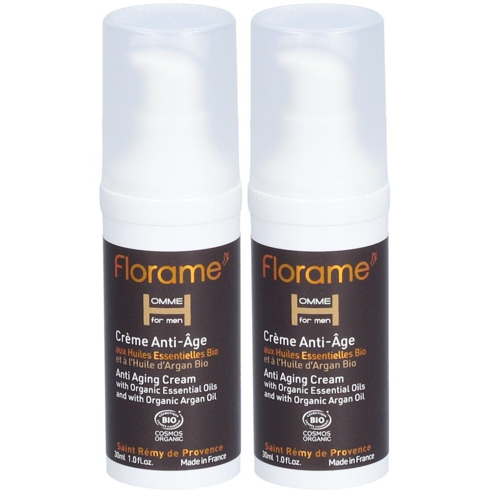 Deux flacons de Crème anti-âge FLORAME Homme. Flacons bruns avec pompe blanche. Texte: Crème Anti-Âge, Anti Aging Cream.
