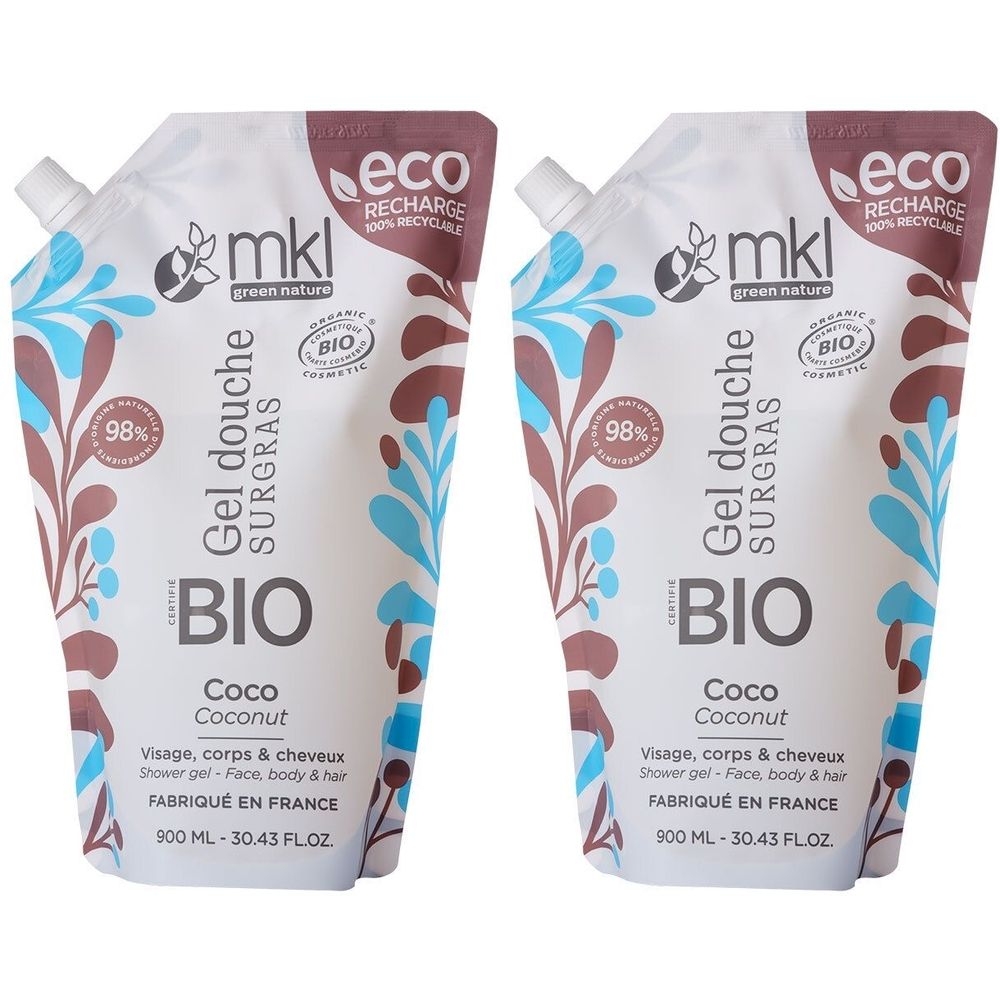 Deux recharges de gel douche surgras BIO Coco Coconut. Certifié bio, 98% d'ingrédients naturels. Contient un bouchon verseur.