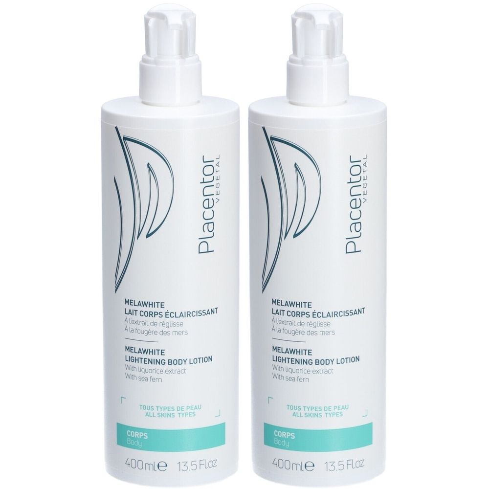Deux flacons blancs avec pompe. Inscriptions: Placentor Vegetal, MelaWhite, Lait Corps Éclaircissant, Lightening Body Lotion.