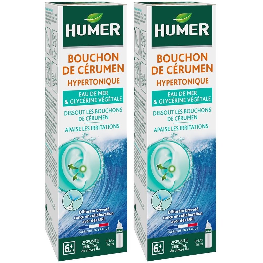 Twee dozen HUMER BOUCHON DE CÉRUMEN. Tekst: HYPERTONIQUE, Eau de mer & Glycérine végétale. Medisch hulpmiddel klasse I.