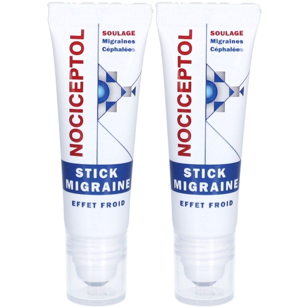 Twee witte tubes. Op elke tube staat "NOCICEPTOL", "STICK MIGRAINE" en "EFFET FROID".