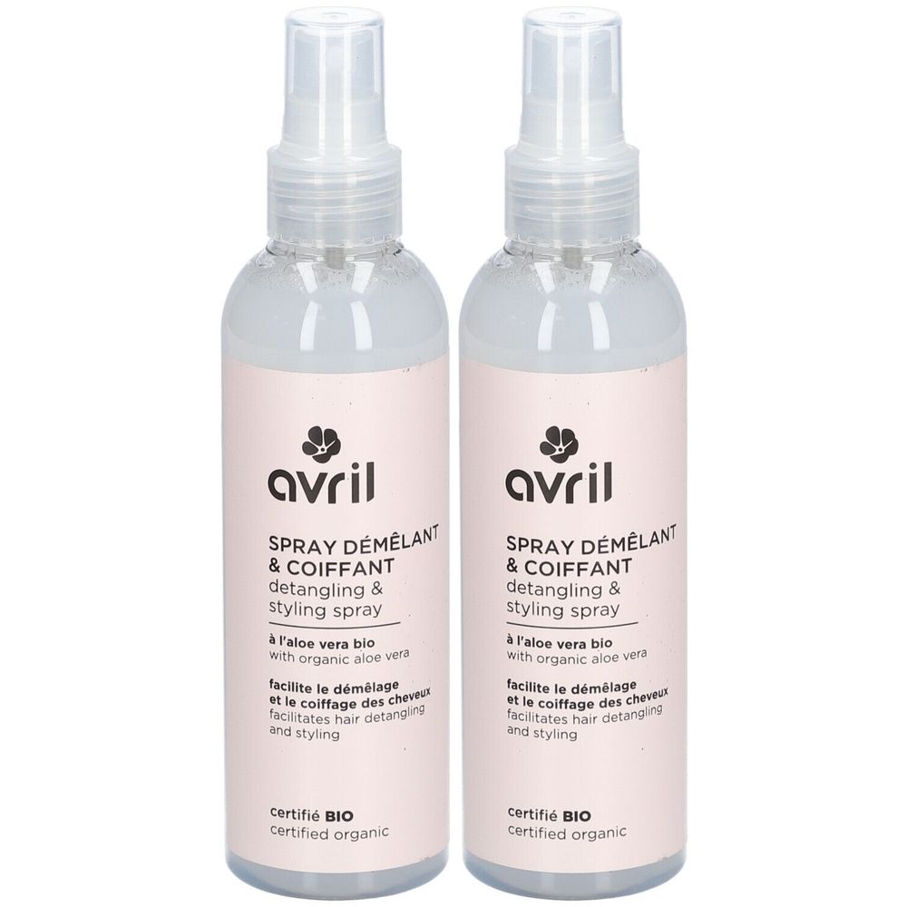 Twee spuitflessen met roze etiketten. Opschrift: avril, Spray Démêlant & Coiffant, detangling & styling spray. Bio-certificering.