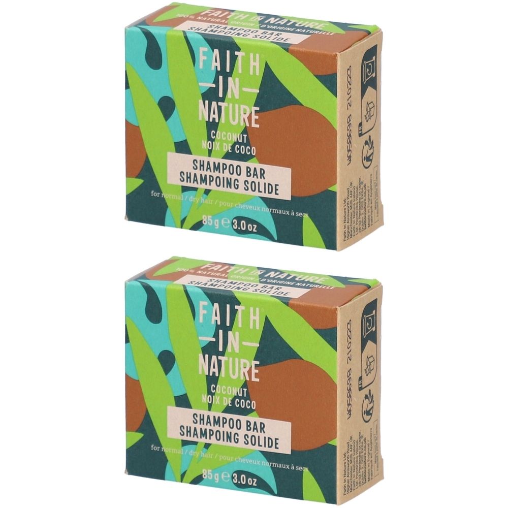 Twee dozen Shampoo Bar. Opschrift: FAITH IN NATURE, kokos, Shampooing Solide. Groen, bruin en wit.