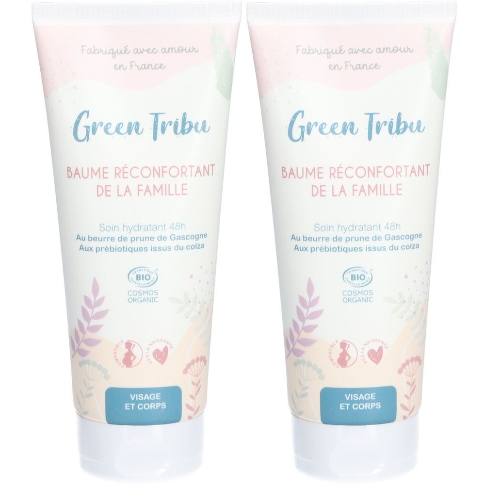 Deux tubes de Baume Réconfortant Green Tribu. Blanc, texte et illustrations. Certification bio. Pour visage et corps.