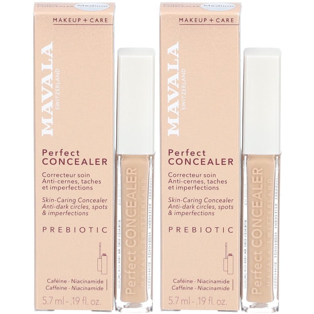 Twee Mavala Perfect Concealer Medium. Beige vloeibare concealer in glazen flacons met witte dop, in beige dozen. Tekst: Perfect Concealer.