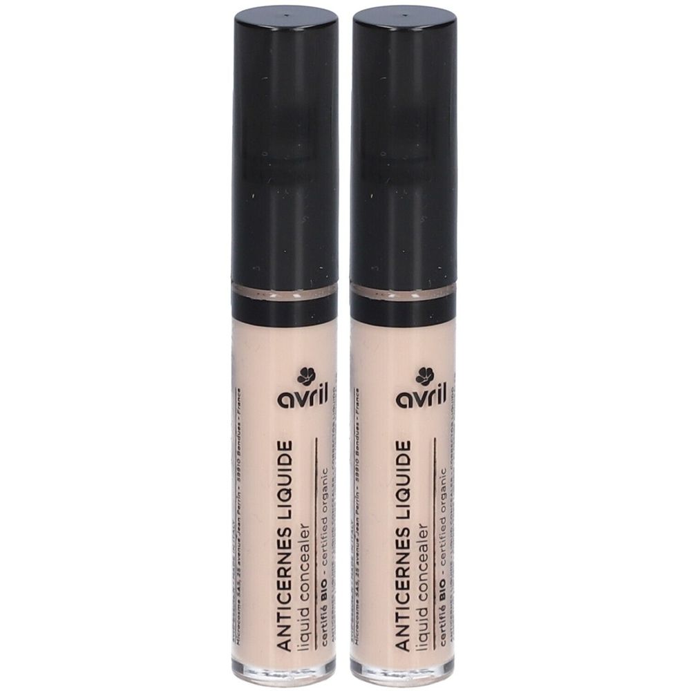 Deux correcteurs liquides avec bouchons noirs. Inscription: Avril Anticernes Liquide, liquid concealer, certifié BIO.